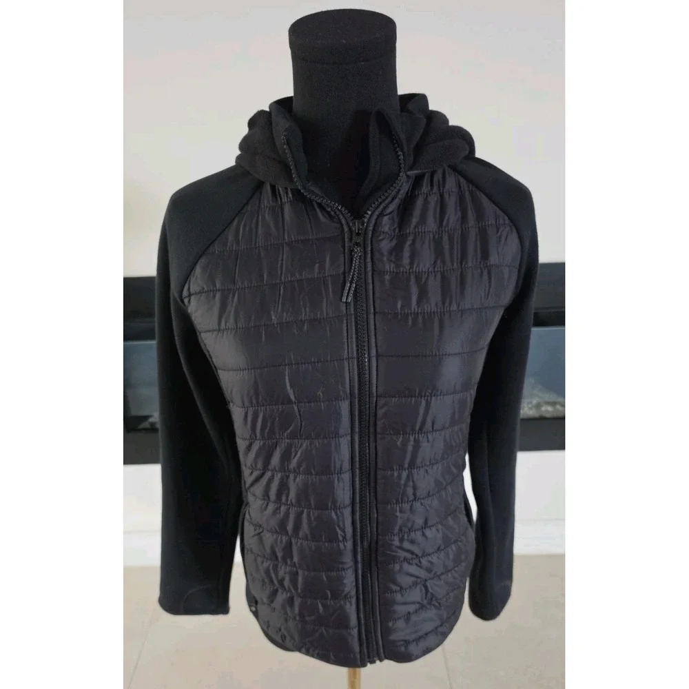 Athleta Girl Black Puffer Jacket Hooded Quilted Back To School XL 14 Thumbholes